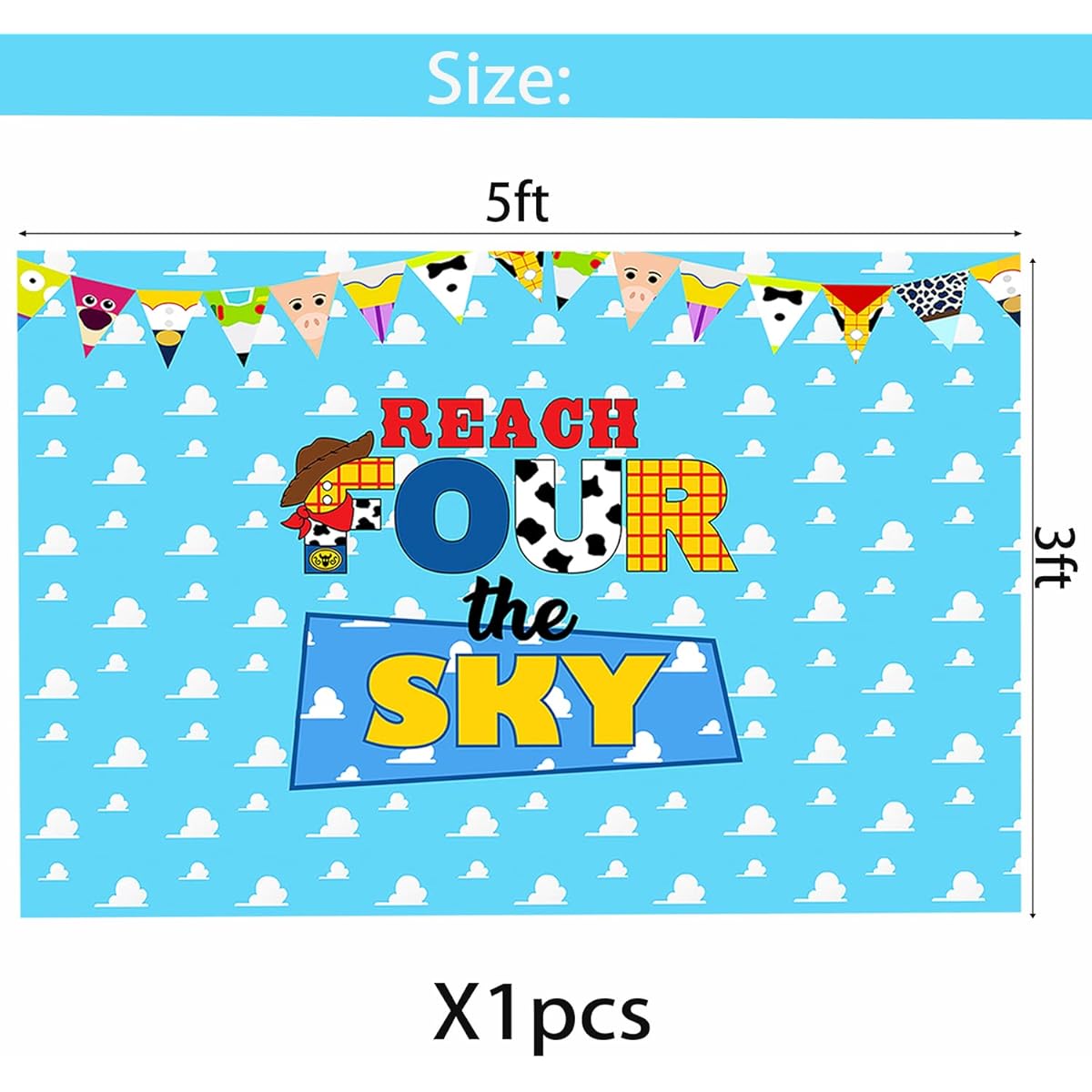 Reach Four The Sky Backdrop Toy Story 4th Birthday Party Background Banner for Boys Girls 4th Cartoon Story Birthday Decorations 5x3ft