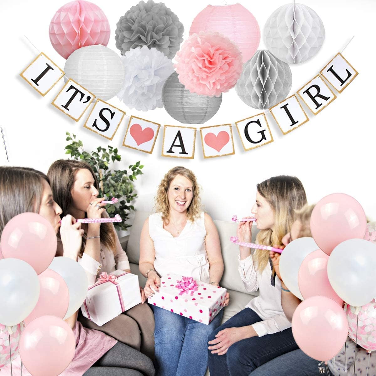 Girl baby shower decorations, girl baby shower, baby girl balloons, elephant garland, honeycomb, paper lanterns, confetti balloons, cake insert card