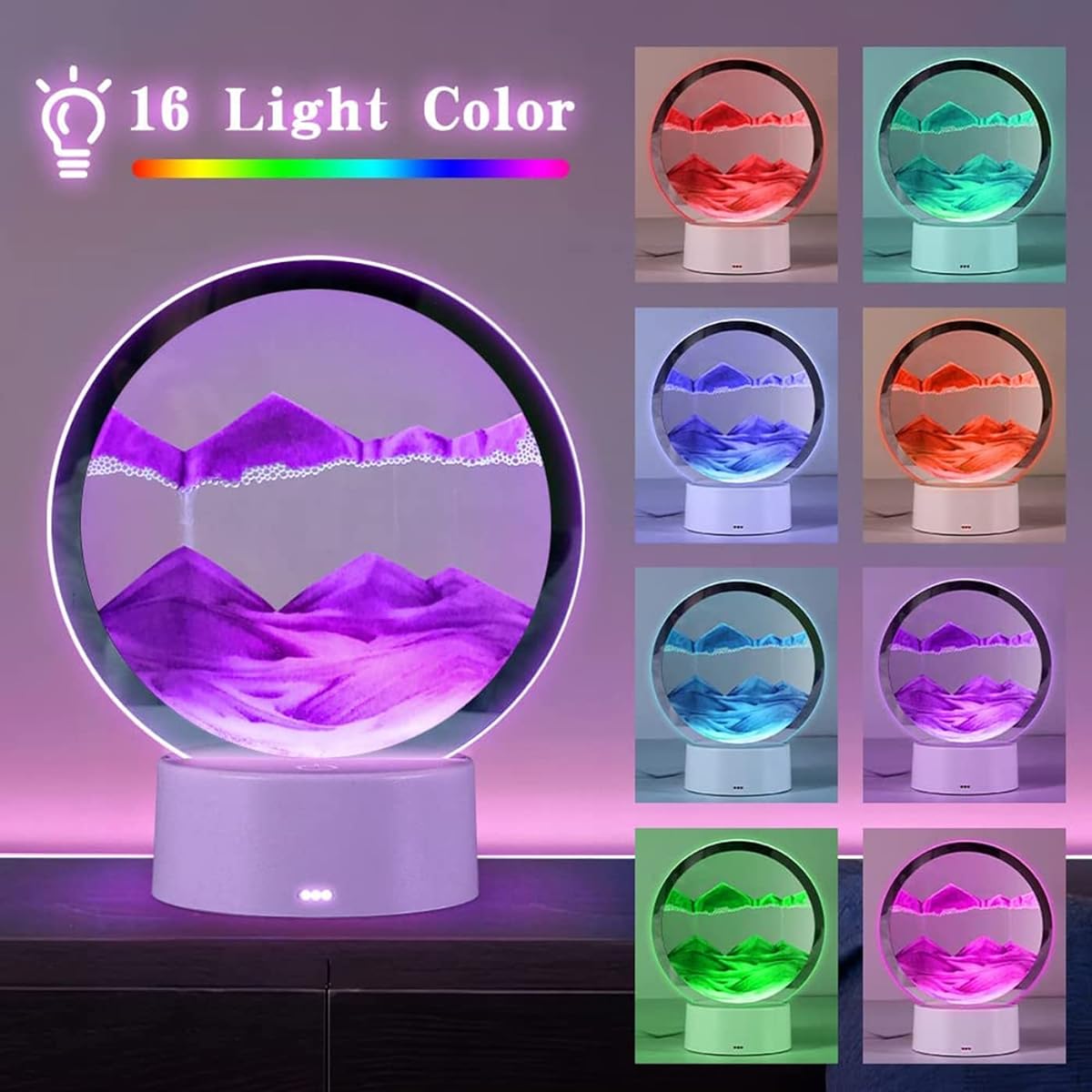 Falling Moving Sand Art Sand Landscape Ornament Kinetic Sand with LED Lights 3D Natural Landscape Round Glass Purple Sand Frame for Home Desktop Art