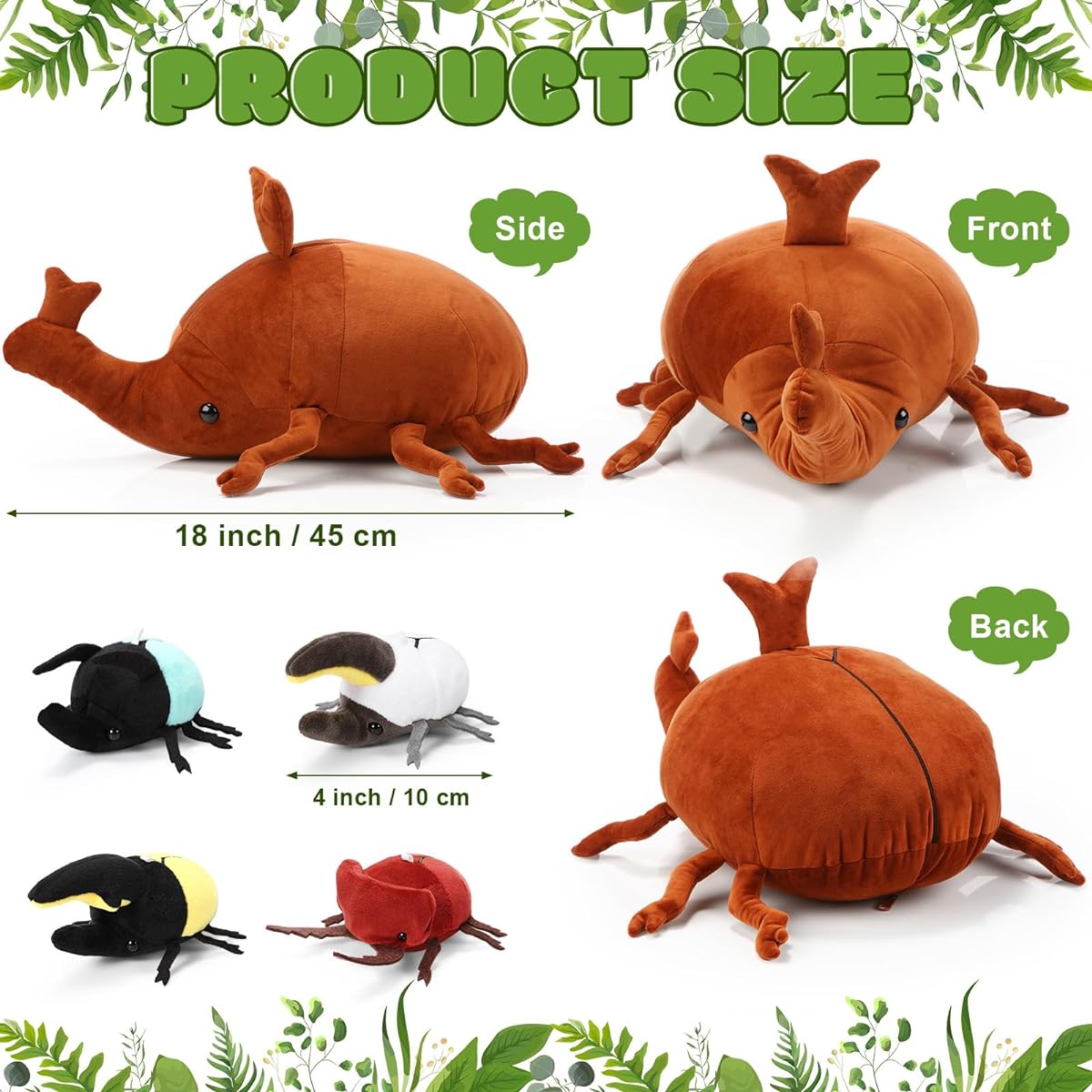 Meooeck 5 Pieces Rhinoceros Beetle Plush Toys, 18 Inch Large Simulation Rhinoceros Beetle Stuffed Animals, 4 Small Beetles with Zipper, Crustacean Stuffed Animals Insect Beetles for Boys Girls Birthday New Year Decoration Gift