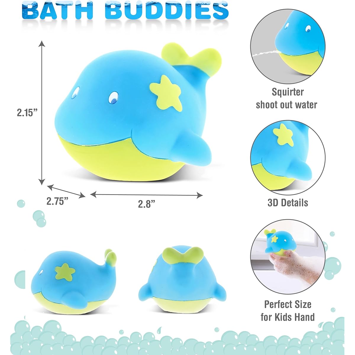 DolliBu Whale Bath Buddy Squirtle - Floating Whale Rubber Bath Toy, Fun Water Play for Toddlers, Cute & Soft Sea Creature Animal Toys for Bathtub, Beach, Pool for Girls & Boys