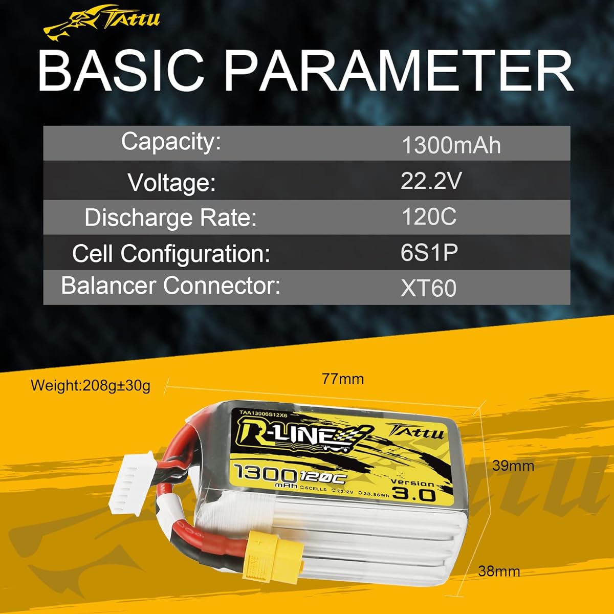 Tattu R-Line Version 3.0 6s Lipo Battery 1300mAh 22.2V 120C 6S Lipo Battery with XT60 Plug for RC Racing FPV Drone Helicopter Quadcopter Airplane UAV RC Airplane