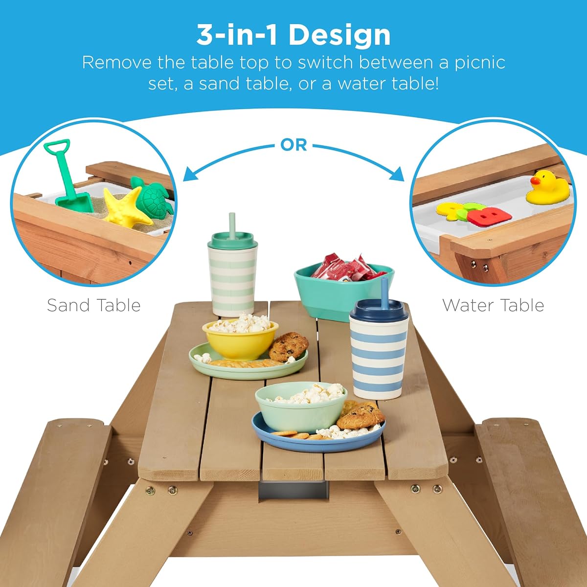 Best Choice Products Kids 3-in-1 Sand & Water Activity Table Wood Outdoor Convertible Picnic Table with Umbrella, 2 Play Boxes and Removable Top - Navy
