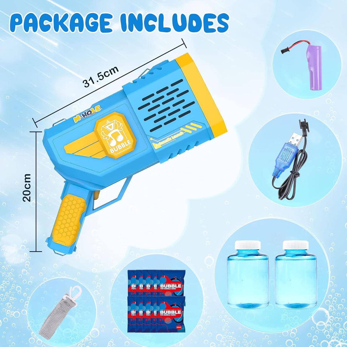 HeyMate Bubble Machine Gun Blue Bubble Maker Cool Light/12 Bubble Solutions Automatic Bubble Machine without Submersion for Kids Adults Birthday Party Wedding Outdoor Summer Camp Kids Gift