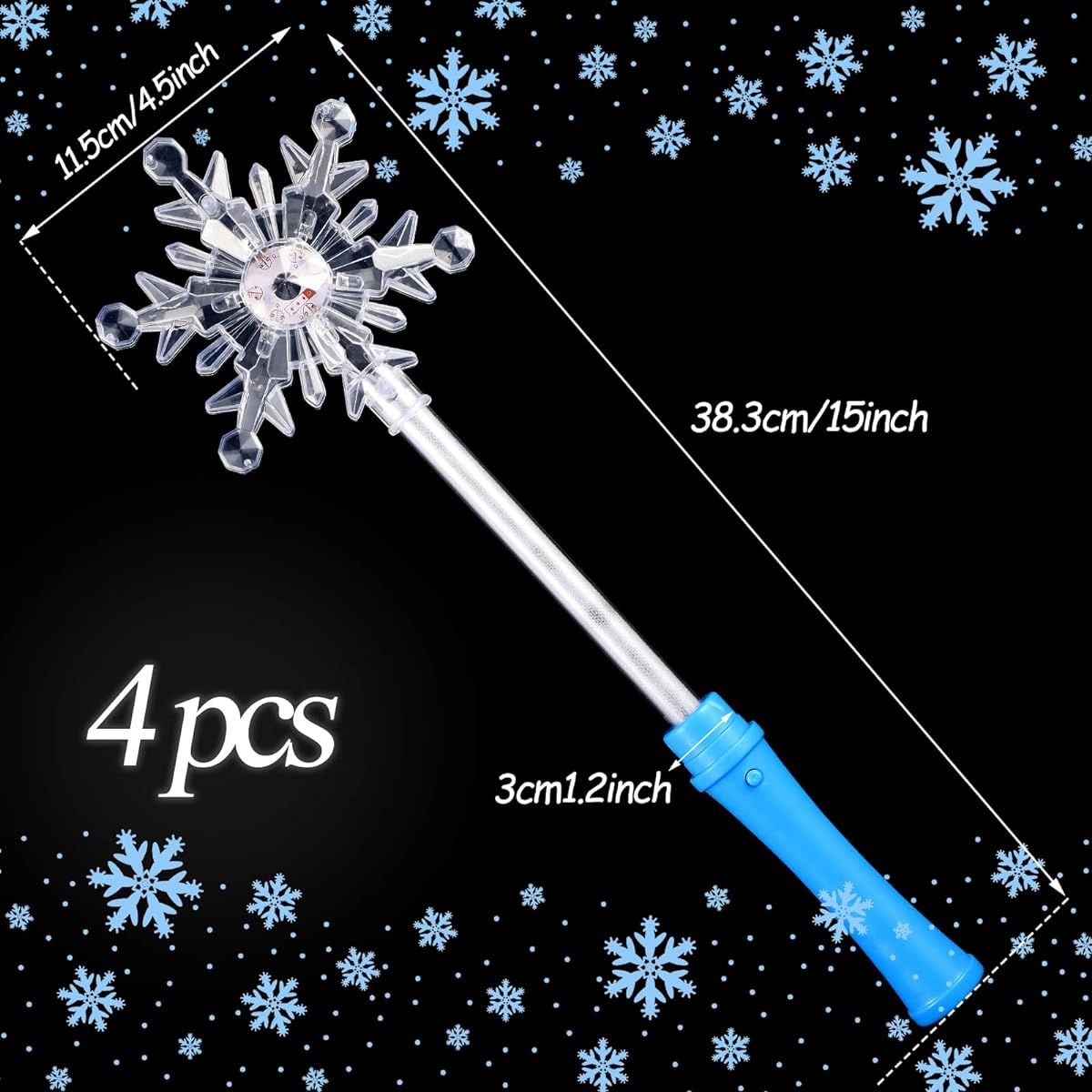4 Pieces Snowflake Light Up Wands Frozen Wands Snowflake LED Wands Magic Wands White Glow Wands Christmas Birthday Costume Party Decoration Supplies