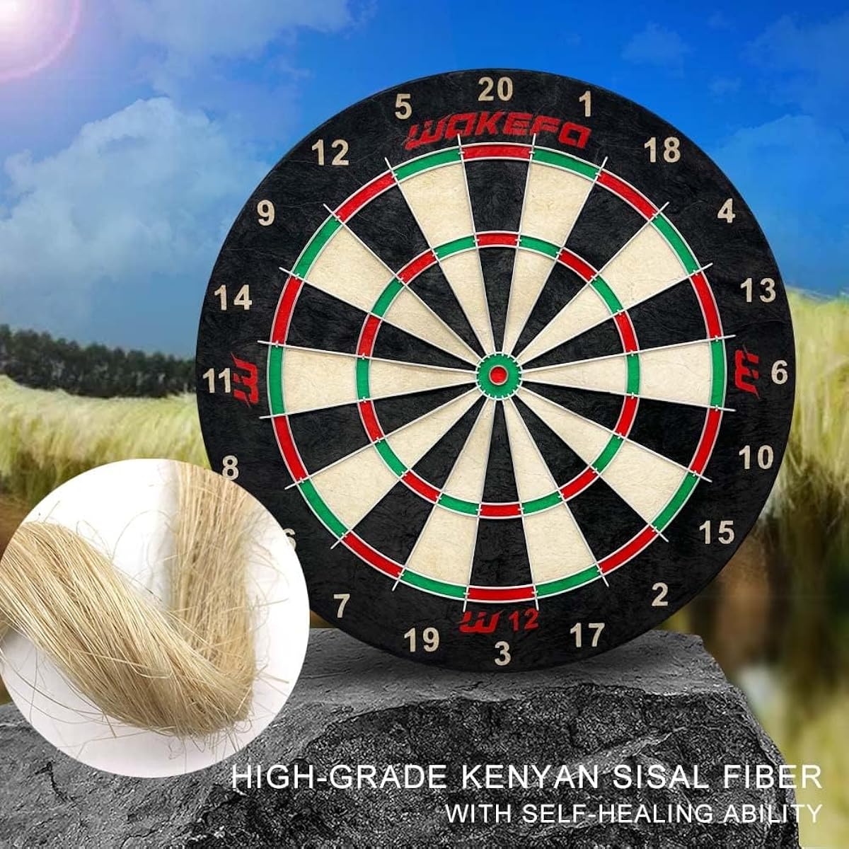 Bristle Sisal Dartboard Set - Professional Regulation Size Dartboard Set - Staple Free Bullseye, Round Radial Spider Wire, Numbered Darts Game, 6 Steel Tip Darts, 17.75 Inch