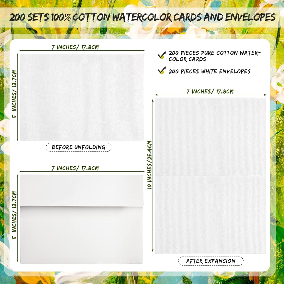 Set of 200 Pure Cotton Watercolor Cards, 5 x 7 Inch Plain Cotton Watercolor Cards with Envelopes, 140 lbs. Thick Paper, Watercolor Postcards, Paintings, Art, Creative, Greetings, Invitations