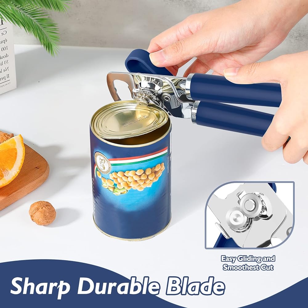 Mebotem 10 Colors Can Opener Manual Handheld Heavy Duty Hand Can Opener Smooth Edge Stainless Steel Can Opener Top Lid Kitchen Gadget Best Large Rated Easy Rotation Knob with Bottle Opener Navy Blue