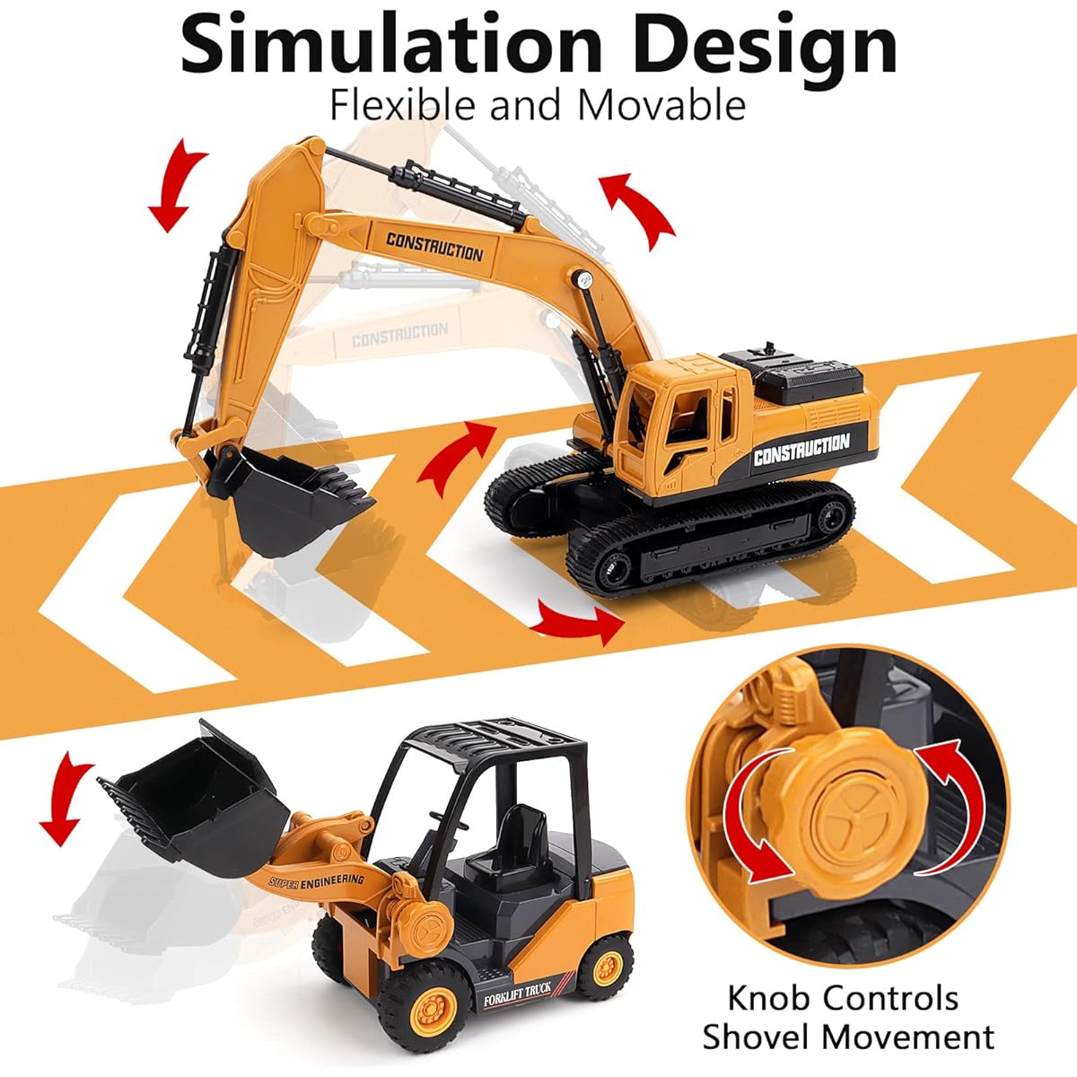 deAO Construction Truck Toy Set with Excavator & Bulldozer, Friction-Type Push & Go Car for Kids, Ages 3-12, Construction Vehicles, Car Toys