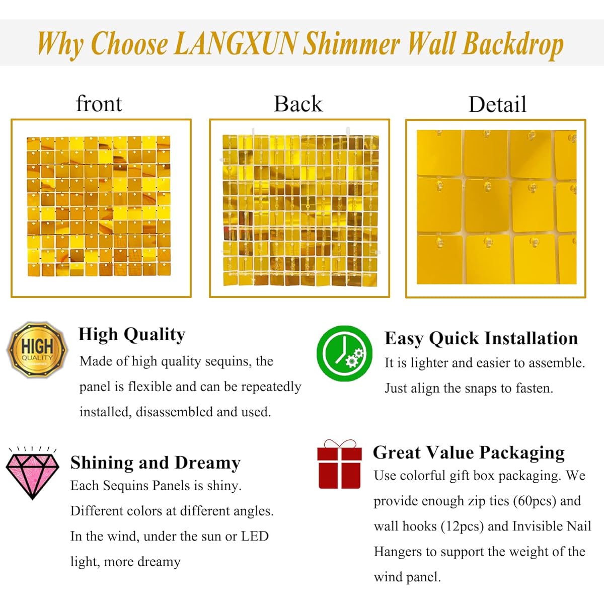LANGXUN 24 Square Sequin Shimmer Wall Backdrop Panel (Gold)