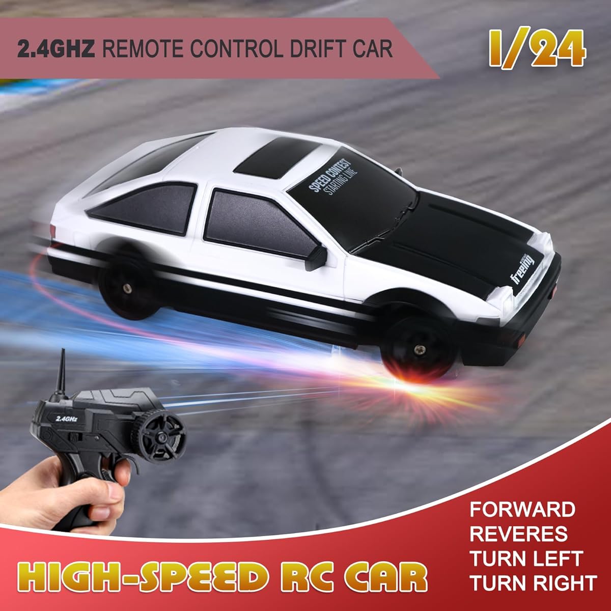 Remote Control Car RC Drift Car 2.4GHz 1:24 Scale 4WD 15KM/H High Speed Model Vehicles with LED Lights Drift Tires Racing Sports Toys Cars for Adults Boys Girls Kids Gifts 2 Rechargeable Batteries