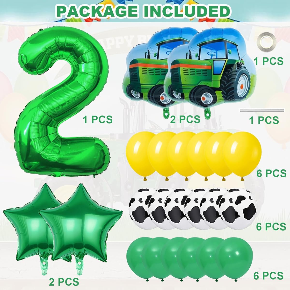 Tractor Theme 2nd Birthday Party Balloons, Farm Theme Green Tractor Mylar Foil Number 2 Balloons for Kids Birthday Party Decorations Bouquet Balloons 23pcs (2nd)