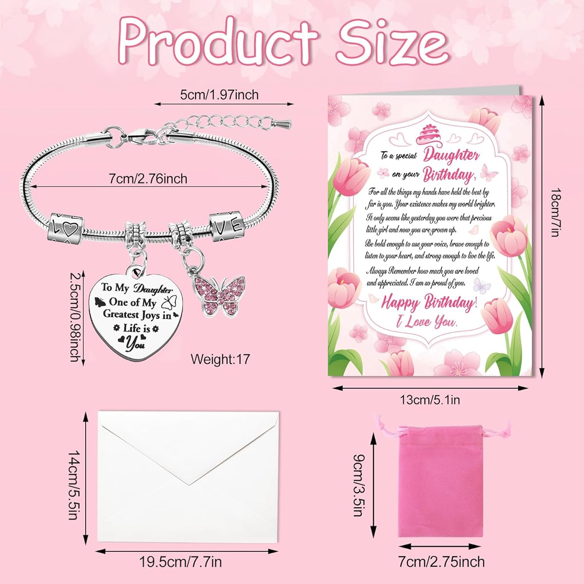 HOWAF Birthday Card from Mom to Daughter, Happy Birthday Bracelet from Dad to Daughter, Birthday Card for Daughter, Birthday Gift for Daughter, Heart Engraved Bracelet from Mommy Dad's Parents