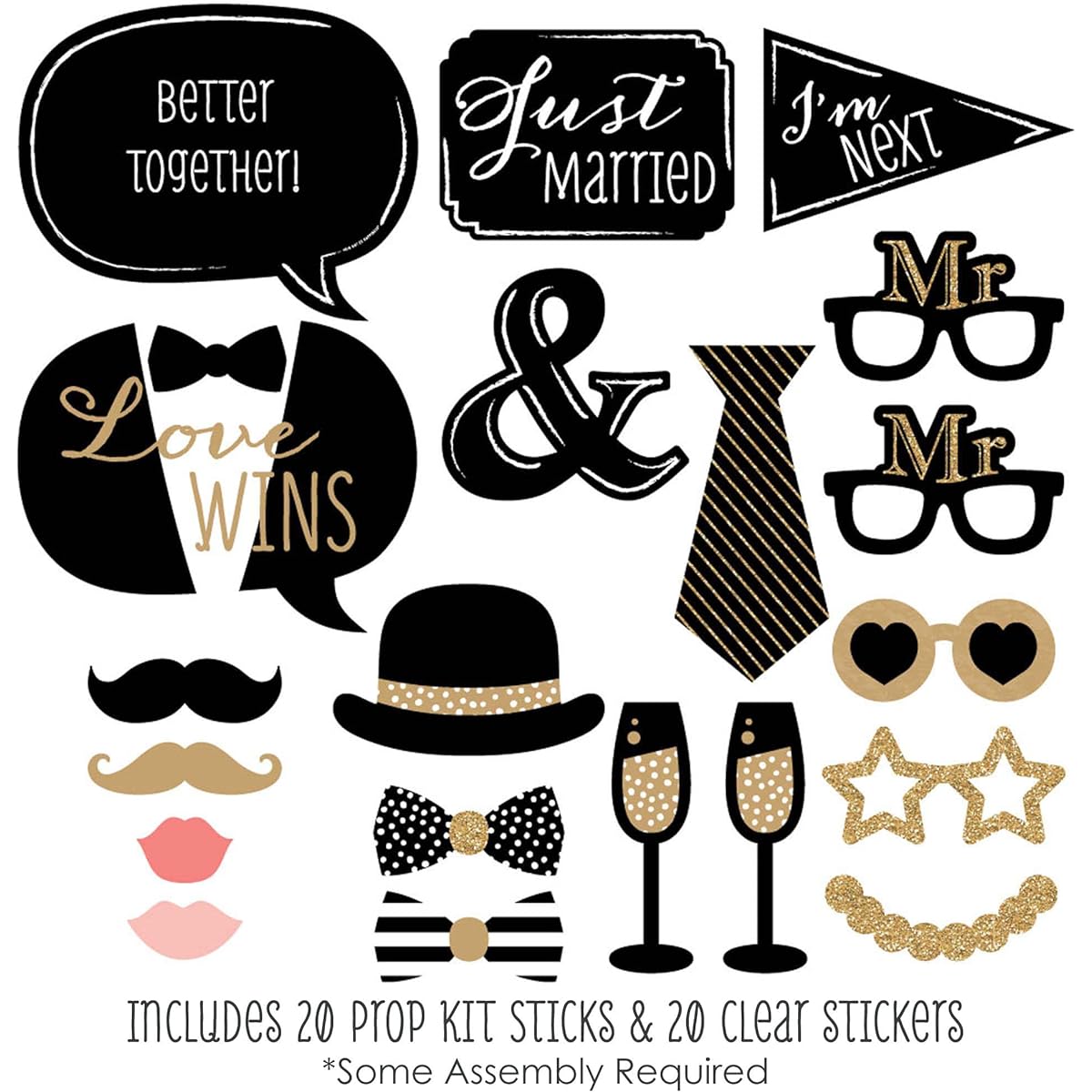 Mr. & Mr. - Gold - Gay Wedding LGBTQ Photo Booth Props Kit - 20 Count