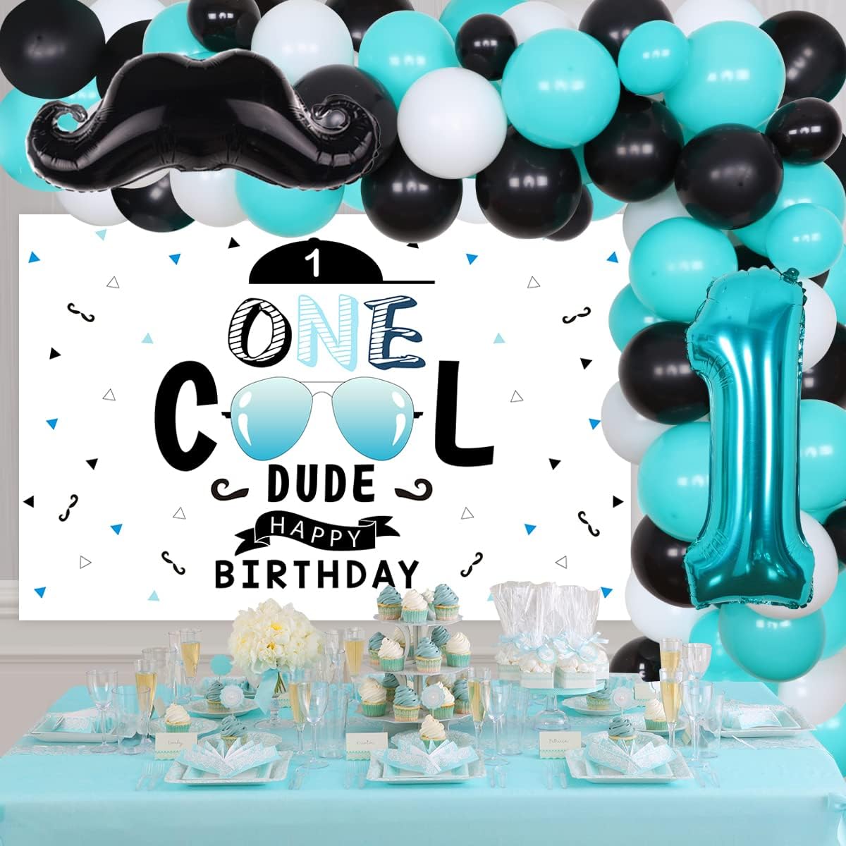 Cool Dude 1st Birthday Decorations for Boys - Teal Black Balloon Garland Cool Dude Happy Birthday Backdrop Beard and Number 1 Foil Balloon Sunglasses Theme Cool Baby Boy First Birthday