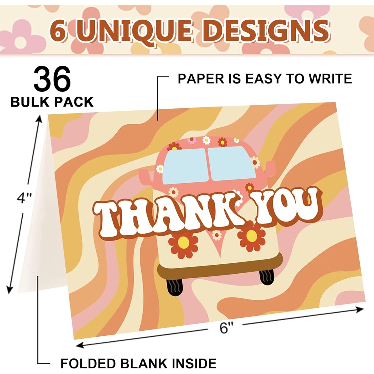Whaline 36 Groovy Retro Hippie Thank You Cards Thanksgiving Boho Floral Greeting Cards with Envelopes and Stickers, Rainbow Flower Notecards for Birthday Wedding Bridal Shower Party Decorations 4 x 6 Inch