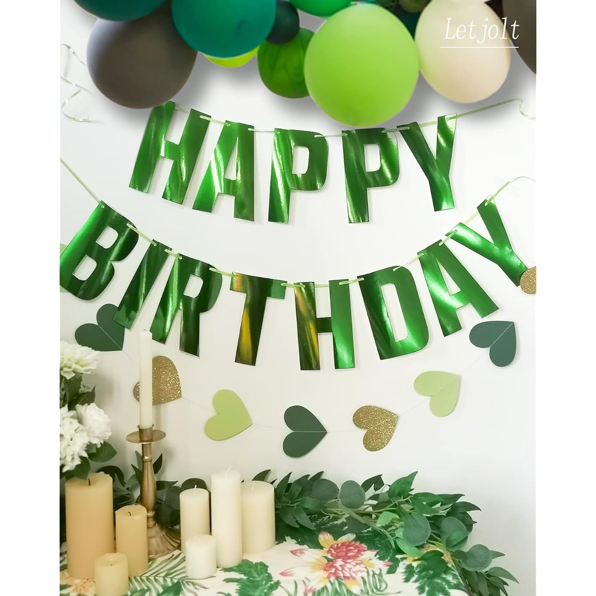 Shiny Green Happy Birthday Metallic Banner Greenery Theme Party Decorations Garland Supplies Sign Funny Summer Birthday Nursery Hanging Decor 13pcs