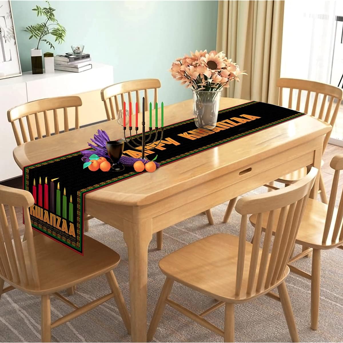 Nepnuser Happy Kwanzaa Table Runner African American Harvest Festival Party Decorations Kinara Candle Pattern Kitchen Dining Room Home Decor - 72 Inch