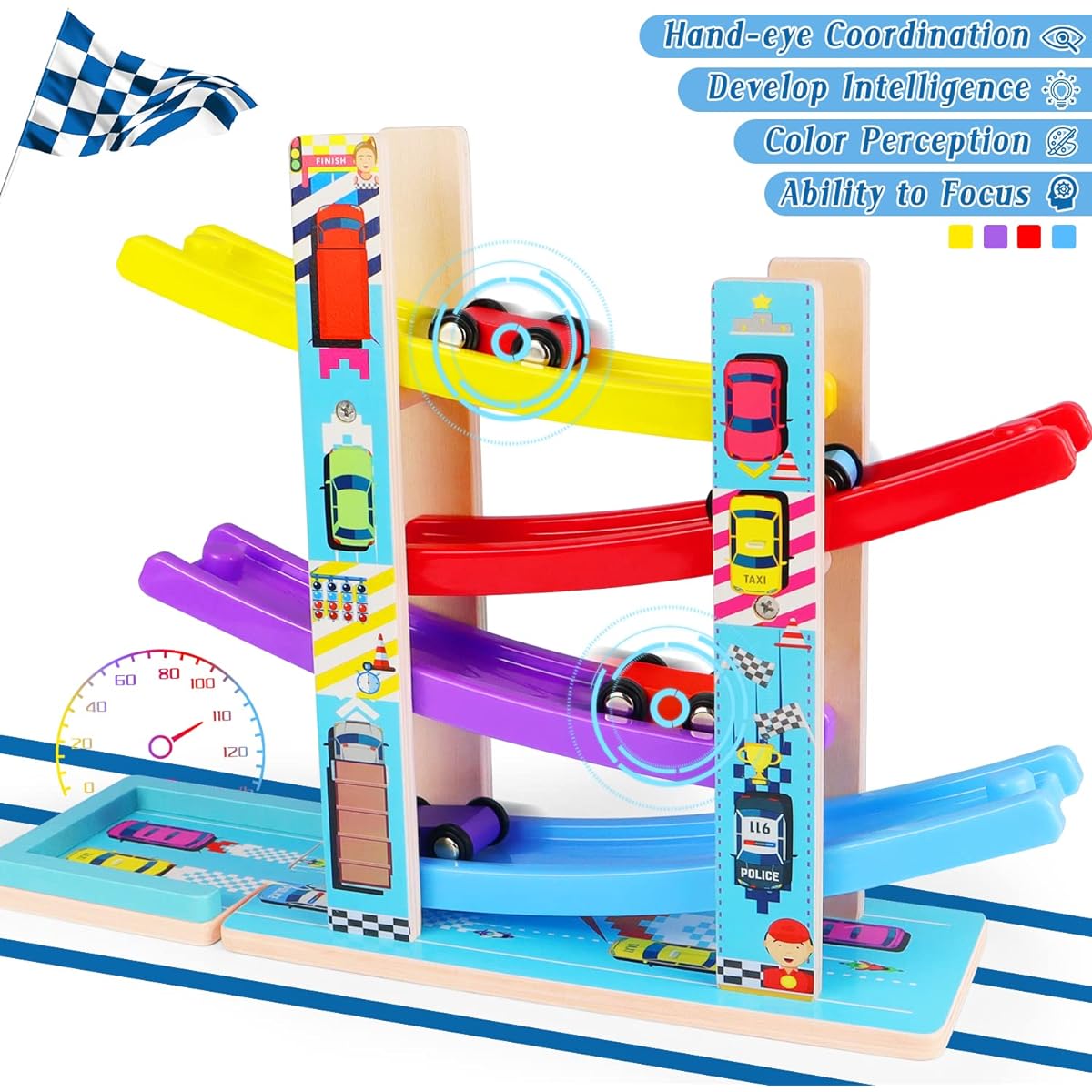 LXL1115b324Montessori Toys for Toddlers, Children Race Track Toy with 4 Cars and 1 Wooden Parking Lot, Stable Base, Car Ramp Toy for 2 3 Year Old Boy Girl Gifts