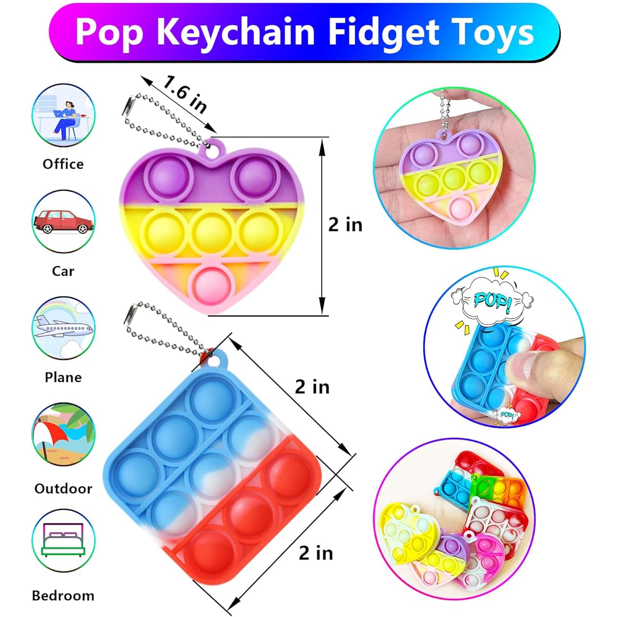 Pop Heart Square Keychains, 24 Pack Heart Fidget Toys Kids Party Favors Classroom Prizes Push Pop Heart Keychains Bulk Mini Heart Pop Toys Boss Girls Valentine's Day Fidget Poppers