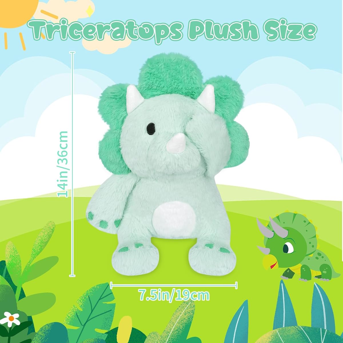 Prewplam Dinosaur Plush Toy, 14" Green Dinosaur Stuffed Animal, Cute Triceratops Dinosaur Plush Toy for Toddlers, Hide and Seek Dinosaur, Soft Triceratops Stuffed Animal for Kids, Boys and Girls