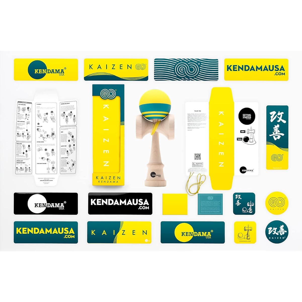 Kendama USA Kaizen Tracer Kendama Silk Ball & Cup Toy Yellow Teal