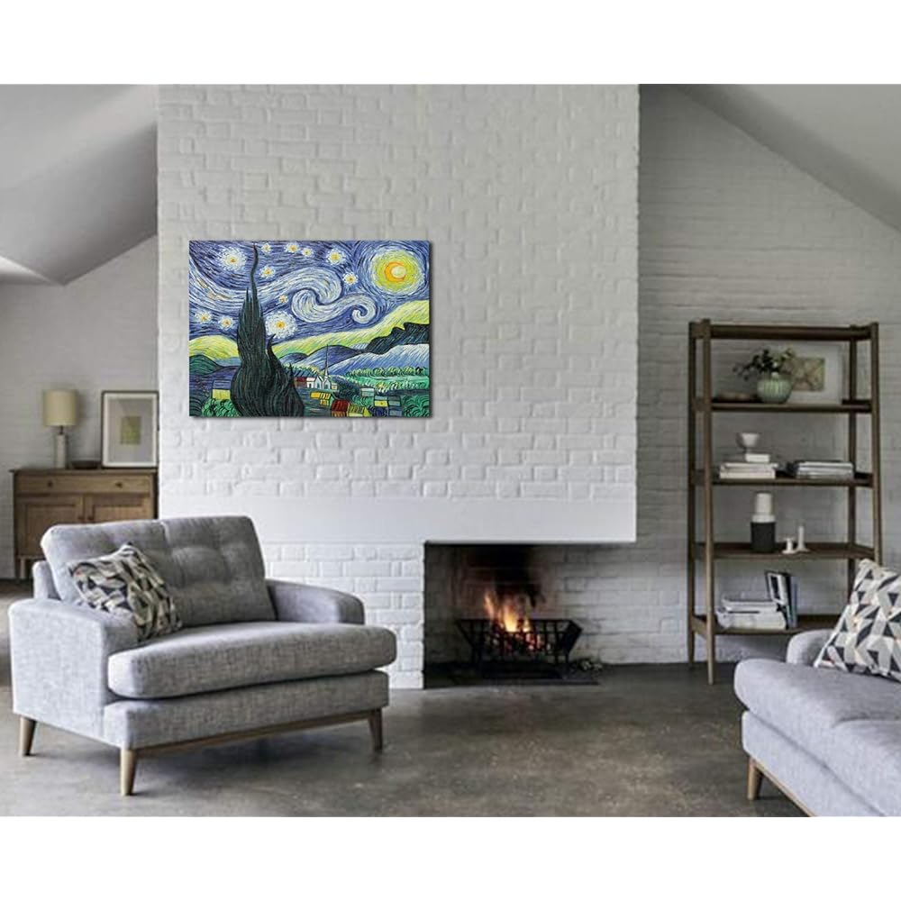 Fokenzary Hand Painted Oil Painting on Canvas Vincent Van Gogh Starry Night Reproduction Wall Decoration Framed Ready to Hang 60x80cm