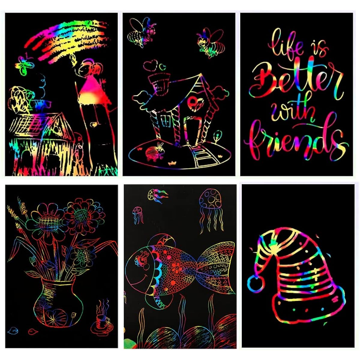 SIENON Scratch Art Paper Set, 59 Pieces Rainbow Magic Scratch Paper Set for Kids Black Scratch Off Art Craft Kit Note Sheets Board Doodle Pad Fun DIY Game Birthday Party Christmas Easter Gift