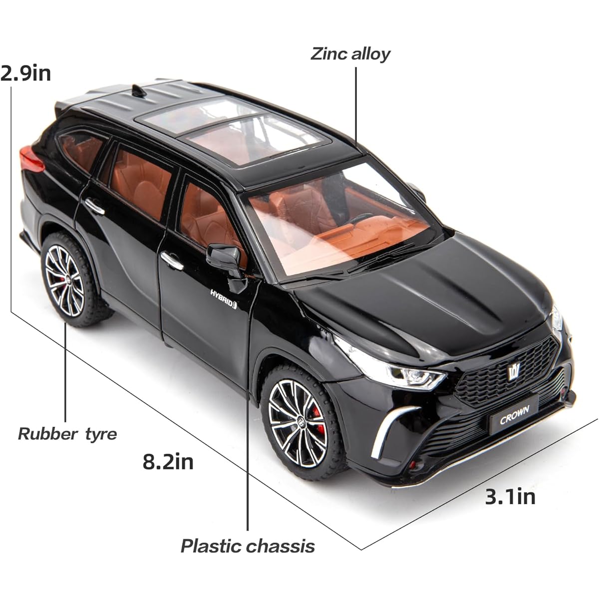 WAKAKAC 1/24 Scale 6 Doors Open Alloy Car Model Toy for Crown Sound and Light Pull Back Collection Toy Car Gift for Kids Black