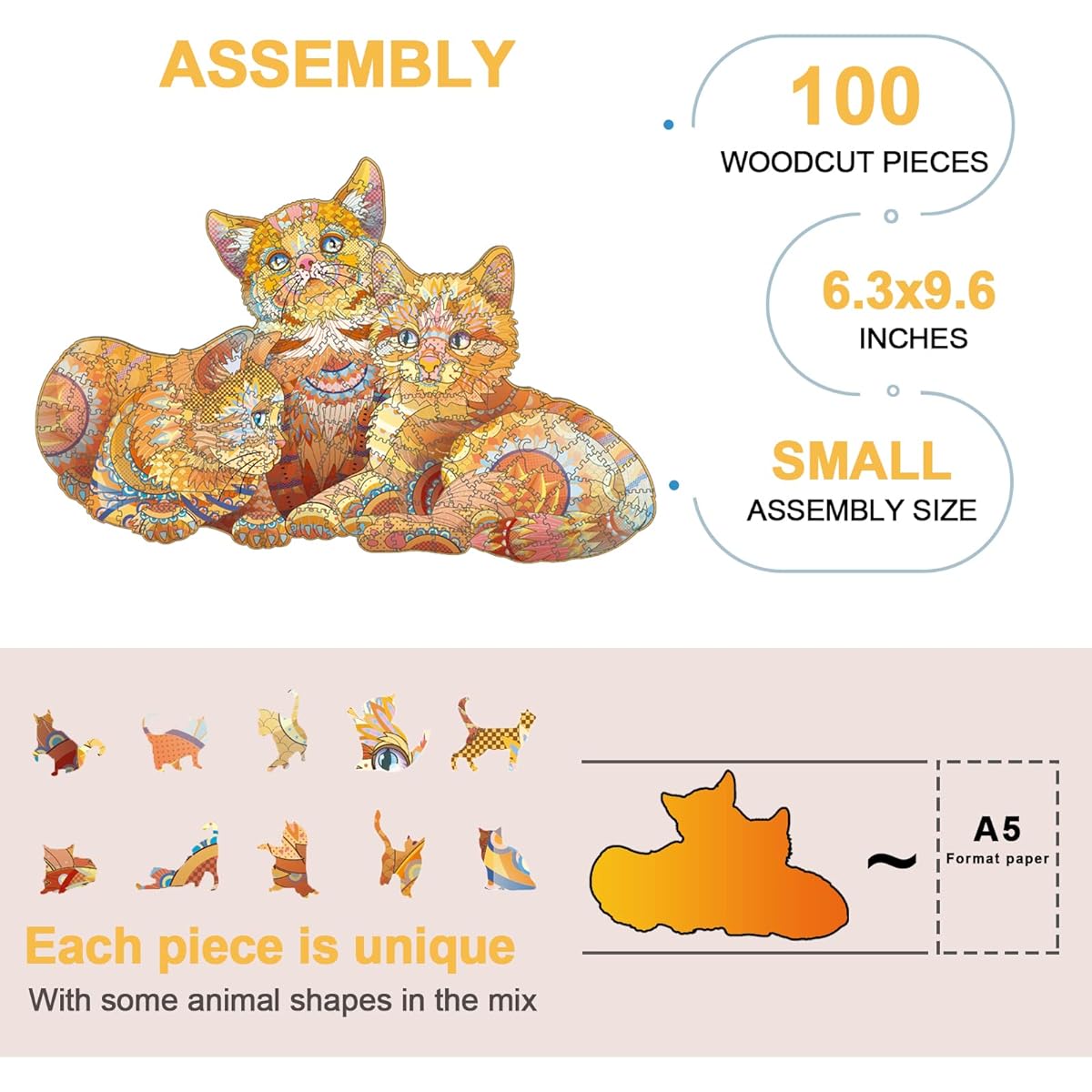NKTDWO 100 Piece Wooden Jigsaw Puzzle - 9.6" x 6.3" Cat Shaped Puzzle for Kids - Relaxing and Rewarding Unique Wooden Puzzle (Small, Orange Cat)