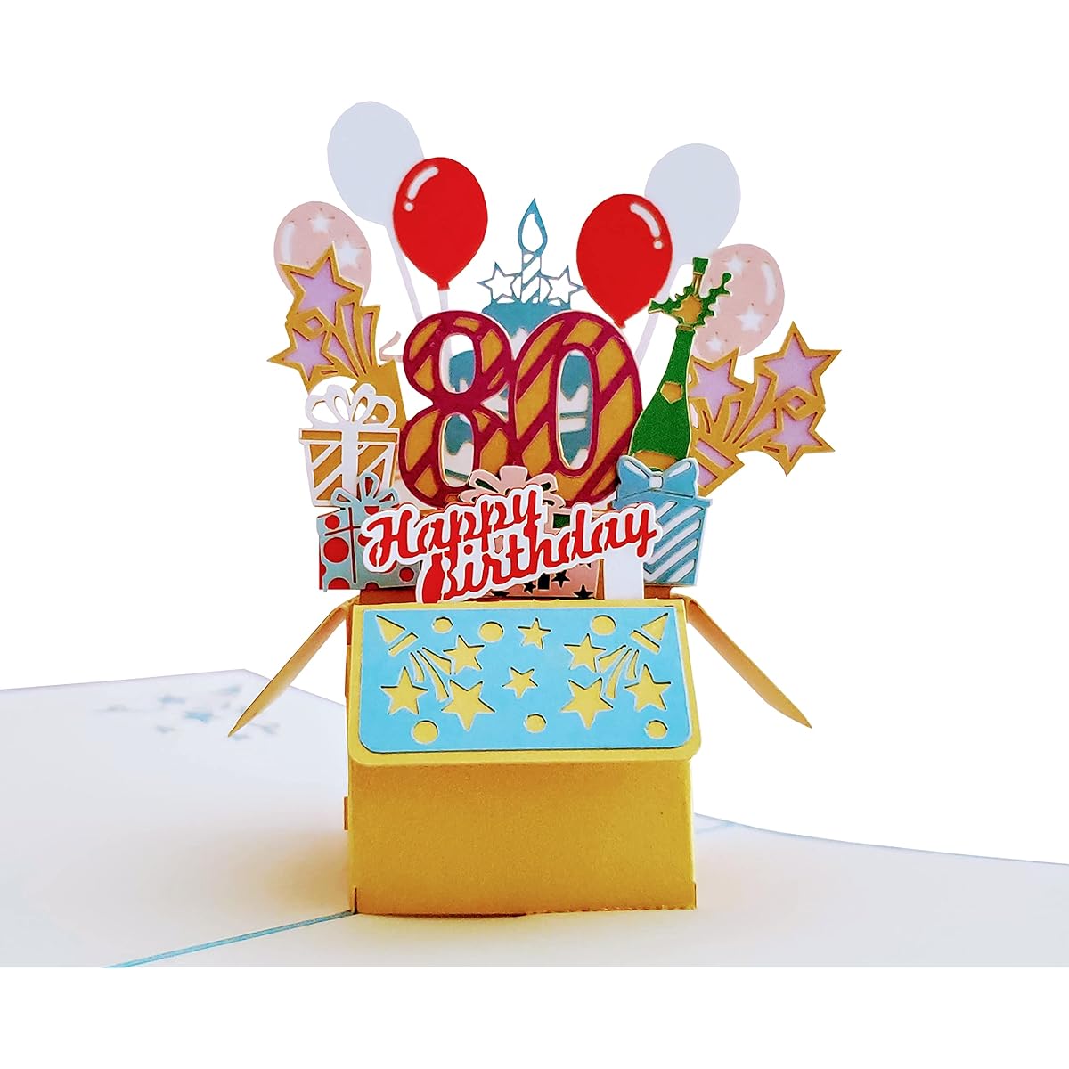 iGifts And Cards Happy 80th Blue Birthday Party Box with 8 3D Pop Up Greeting Cards Amazing Balloons Unique Celebration Feliz Camplinhos Fun