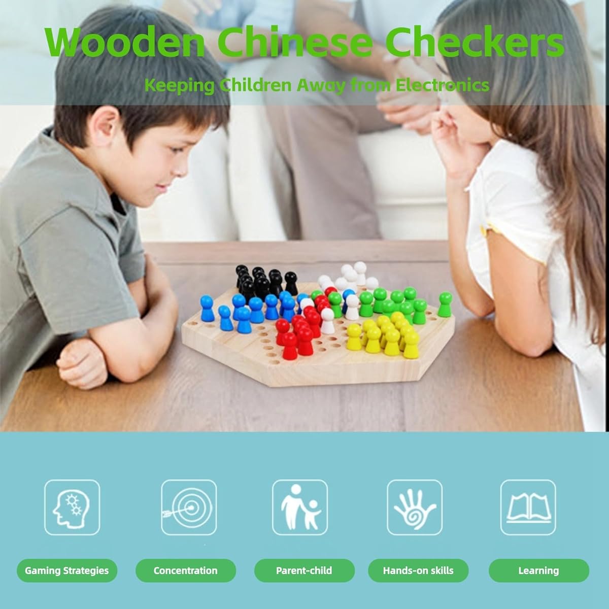 Chinese Checkers Game Set, Wooden Chinese Checkers Board Game Set, 6 Colors, 60 Chess Pieces, Classic Strategy Puzzle, Family Board Game for Adults, Children, Family