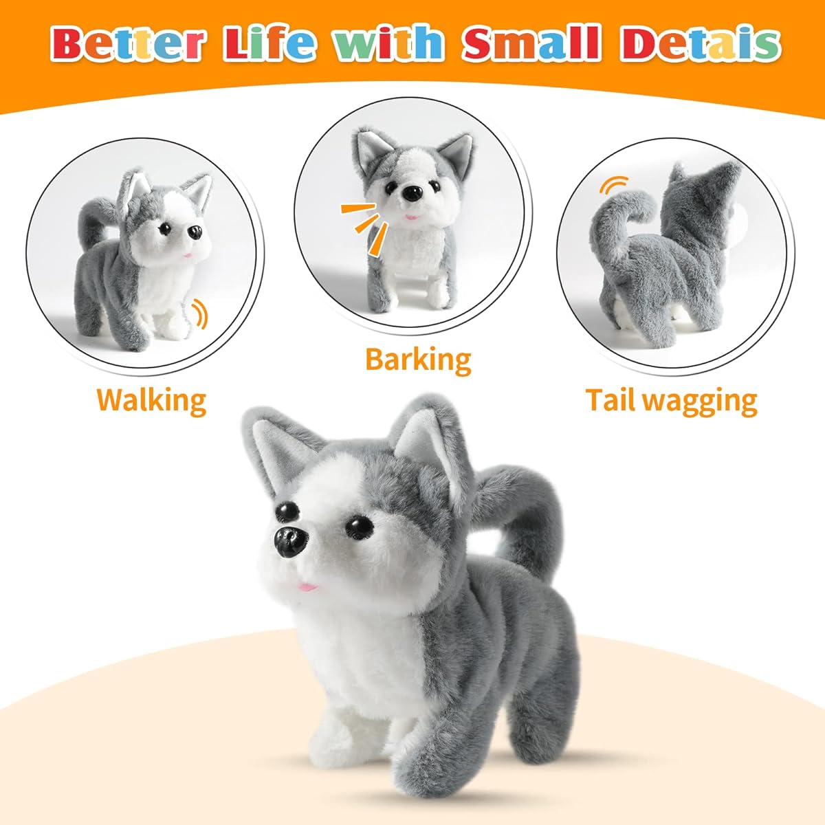 KSABVAIA Plush Husky Toy Puppy Electronic Interactive Dog - Walks, Barks, Wagging Tail, Stretching Companion Animal for Kids Toddlers
