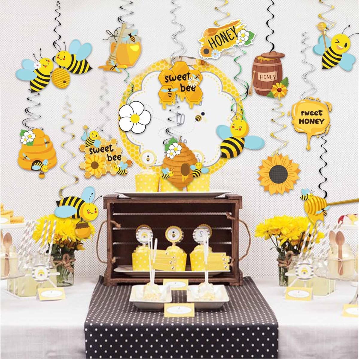 Chilfamy 30Pcs Bee Hanging Decorations, Bumble Bee Hanging Swirls, Honey Ceiling Hanging Decors for Gender Reveal Bee Day, Sweet Boys Girls Bee Birthday Baby Shower Party Supplies