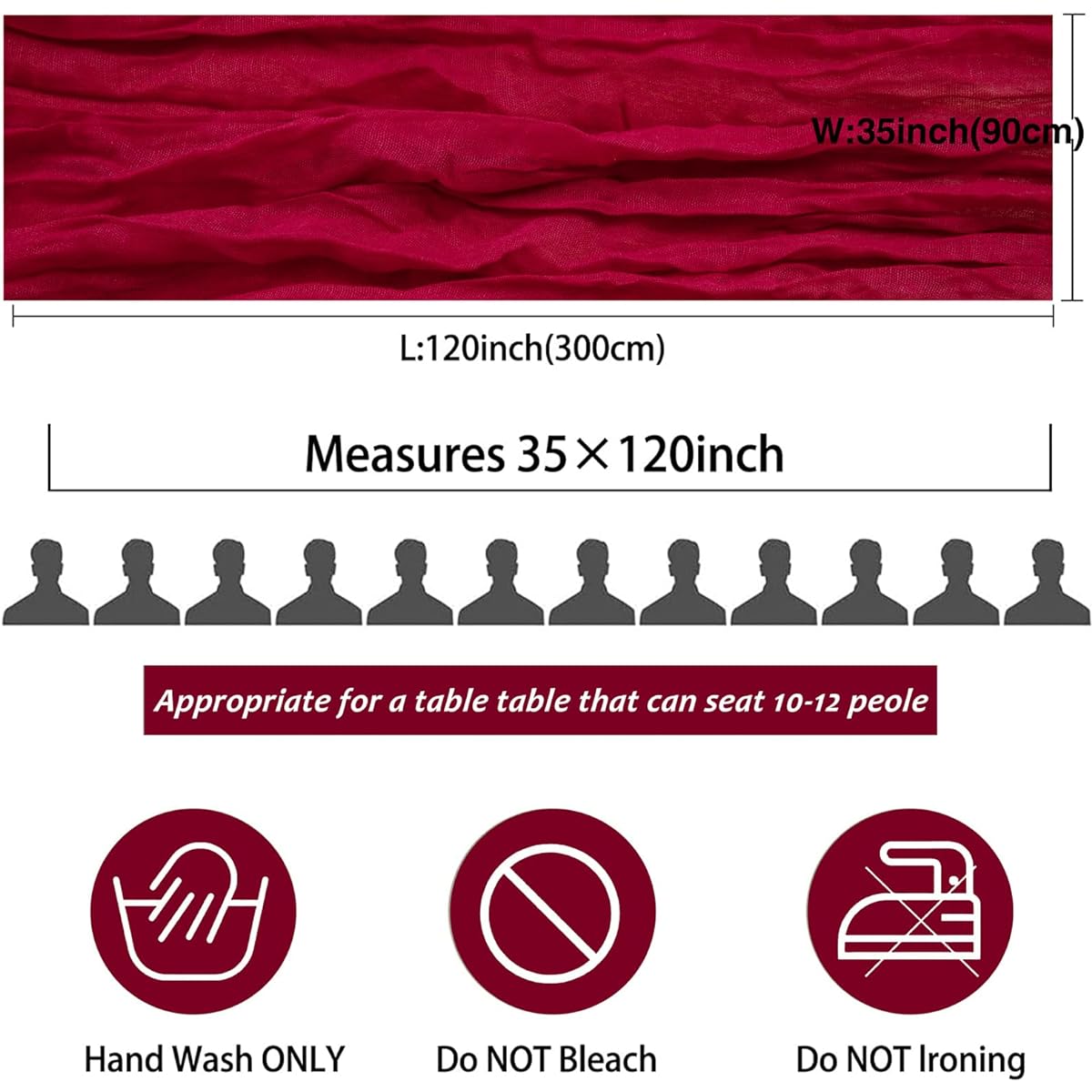 BUCLA 12 Pack 10ft Burgundy Cheesecloth Table Runner Boho Gauze Cheesecloth Romantic 35x120 inches for Wedding/Bridal Shower/Birthday Party