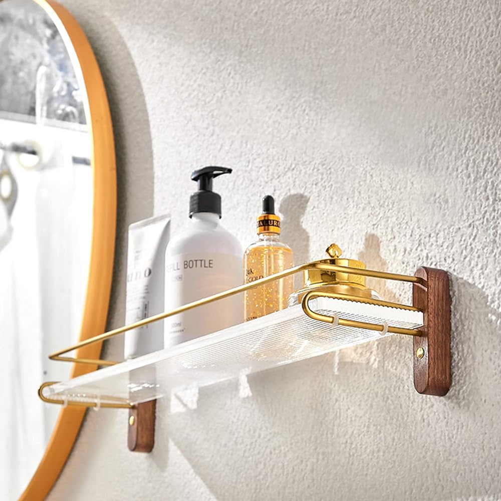myoseya Wall Shelf, Acrylic Water-Ripple Shelf, Walnut Bracket, Length 50cm, Comes with Anti-Tip Handrail, Decorative Rack, Convenient Storage, Easy Assembly, Stylish, Warm Color Japanese Style