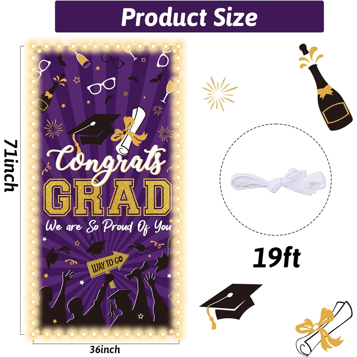 2023 Graduation Banner with LED Light Strip, Graduation Door Cover, Graduation Door Banner for Indoor Outdoor Graduation Party Photography Backdrop Decorations 71 x 36 Inch (Purple)