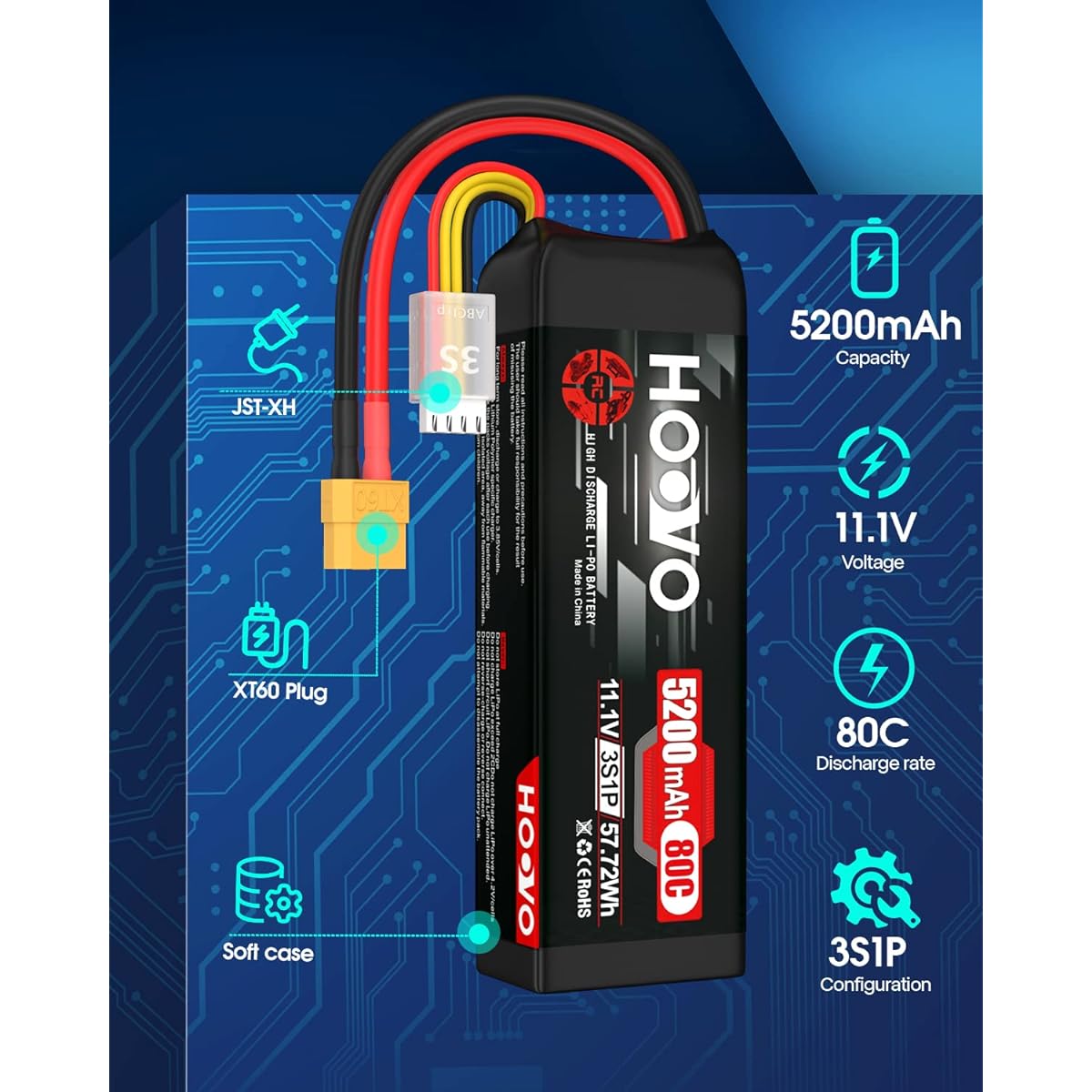 HOOVO 11.1V 3S Lipo Battery 5200mAh 80C Soft Case RC Battery XT60 Plug for RC Car RC Truck Airplane Helicopter Boat Racing RC Hobby