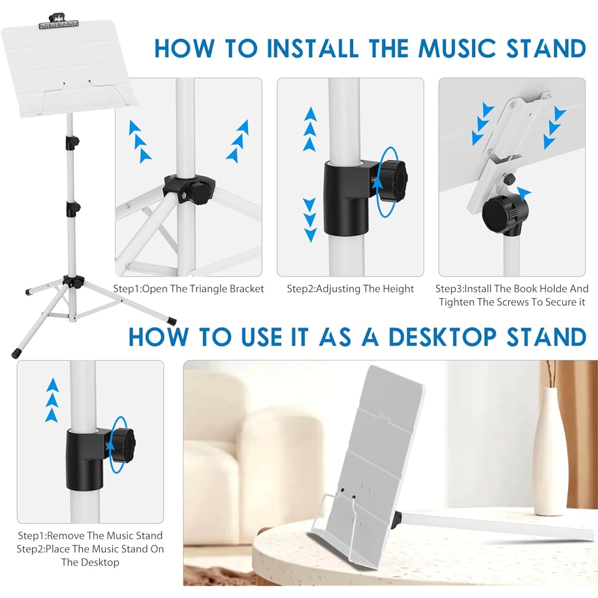 Kasonic Dual-Use Foldable Sheet Music Stand & Desktop Book Stand Portable Carry Bag Sheet Music Folder with Clip Holder (White)