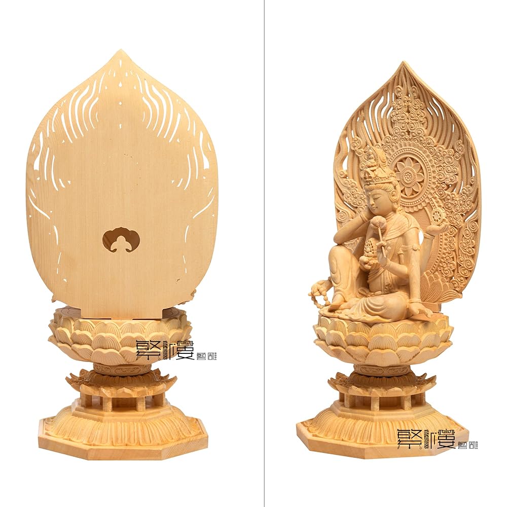 Hanro Art Sculpture Buddha Statue Nyoirin Kannon Bodhisattva Cypress Wooden Amulet, Good Luck, Protection, Prosperity, Blessing (Height 28cm x Width 12cm x Depth 12cm) (Log)