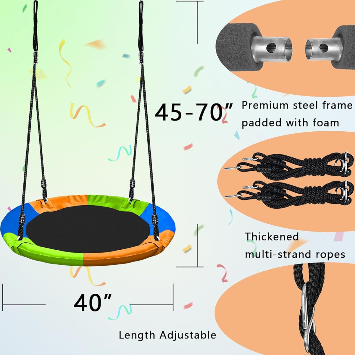 BemerforS 40" Saucer Tree Swing Set for Kids, 600lbs Waterproof Flying Swing Seat Circle Swing Steel Frame Adjustable Rope Large Round Tire Swing Tree and Swing Set