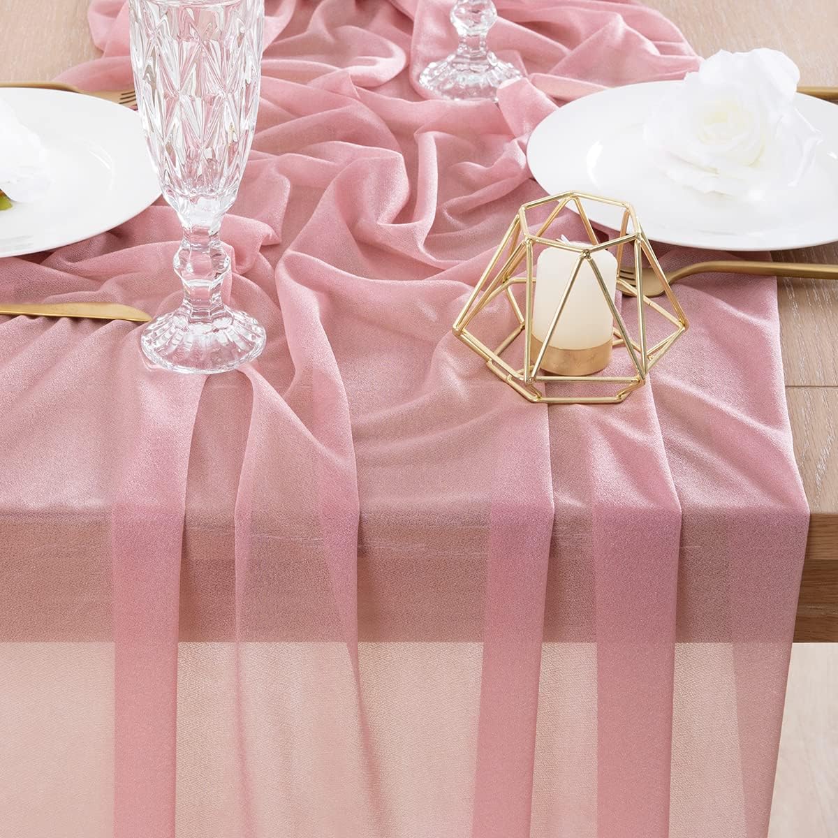 Socomi Dusty Rose Gauze Table Runners, Set of 4 Bulk 10ft Chiffon Wedding Table Runners for Bridal Shower Decorations Baby Shower