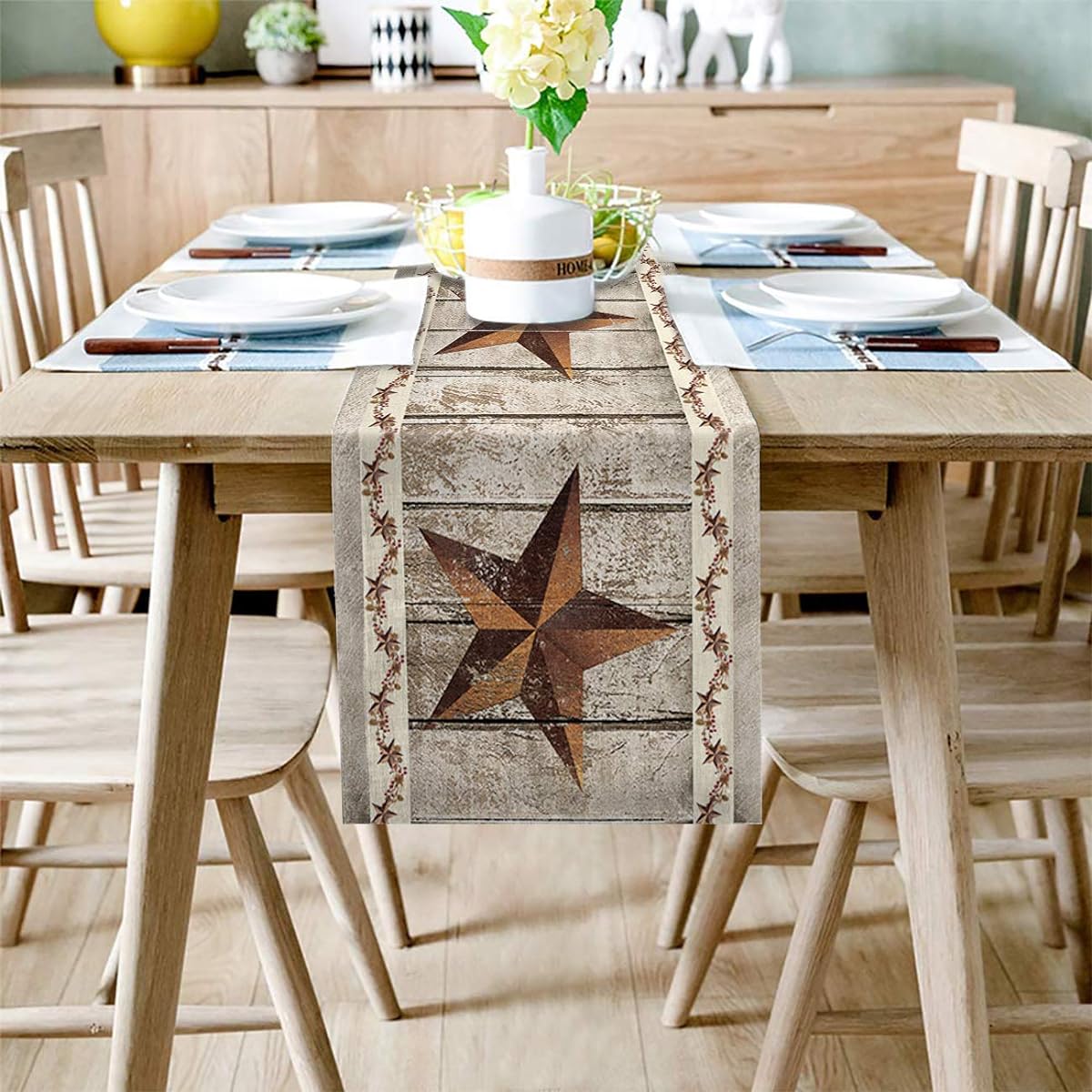 Burlap Table Runner 72 Inch Length Linen Table Runner Home Decor Western Texas Star Rustic Wooden Farm Pattern Dining Table Coffee Bar Indoor/Outdoor Daily Use Table Set