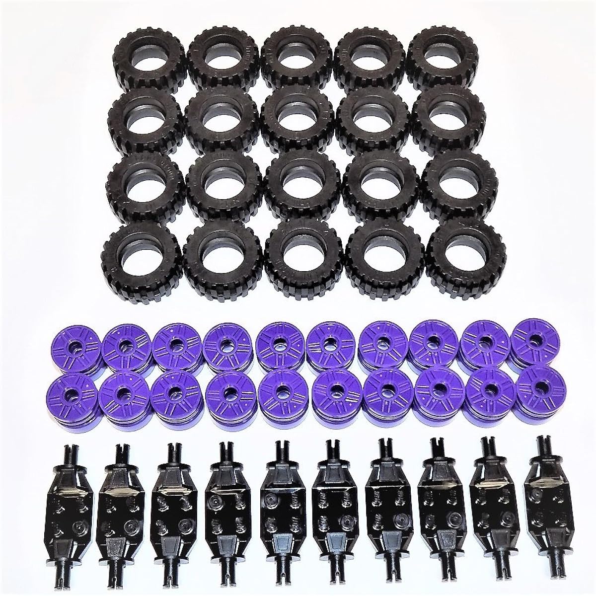 LEGO parts and pieces: Dark Purple Wheels, Black Tires, Wheel Holder Pack Black - 50 Pieces