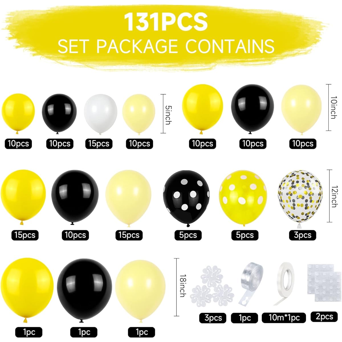 GREMAG Bee Balloon Garland Kit, 131pcs Yellow White Black Polka Confetti Balloon Arch Kit 5 10 12 18 inch Latex Balloons DIY Balloon Flowers for Bee Flower Themed Party Birthday Baby Shower