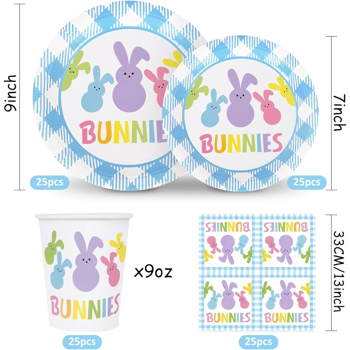 Whaline 125 Piece Easter Tableware Set, Colorful Easter Bunny Disposable Tableware Set, 50 Paper Plates, 50 Napkins, 25 Cups, Easter Holiday Party Supplies Table Decorations