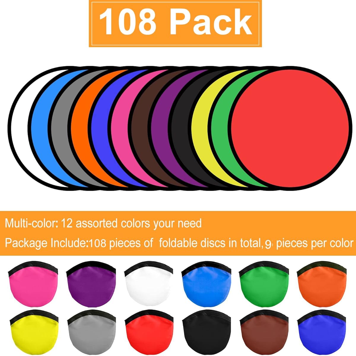 Mototo 108 Pieces Foldable Flying Disc Fan with Bag, Folding Pocket Toy Set for Kids, Fun Birthday Party Favors, Summer Outdoor Activities Games, Halloween Christmas, 12 Colors