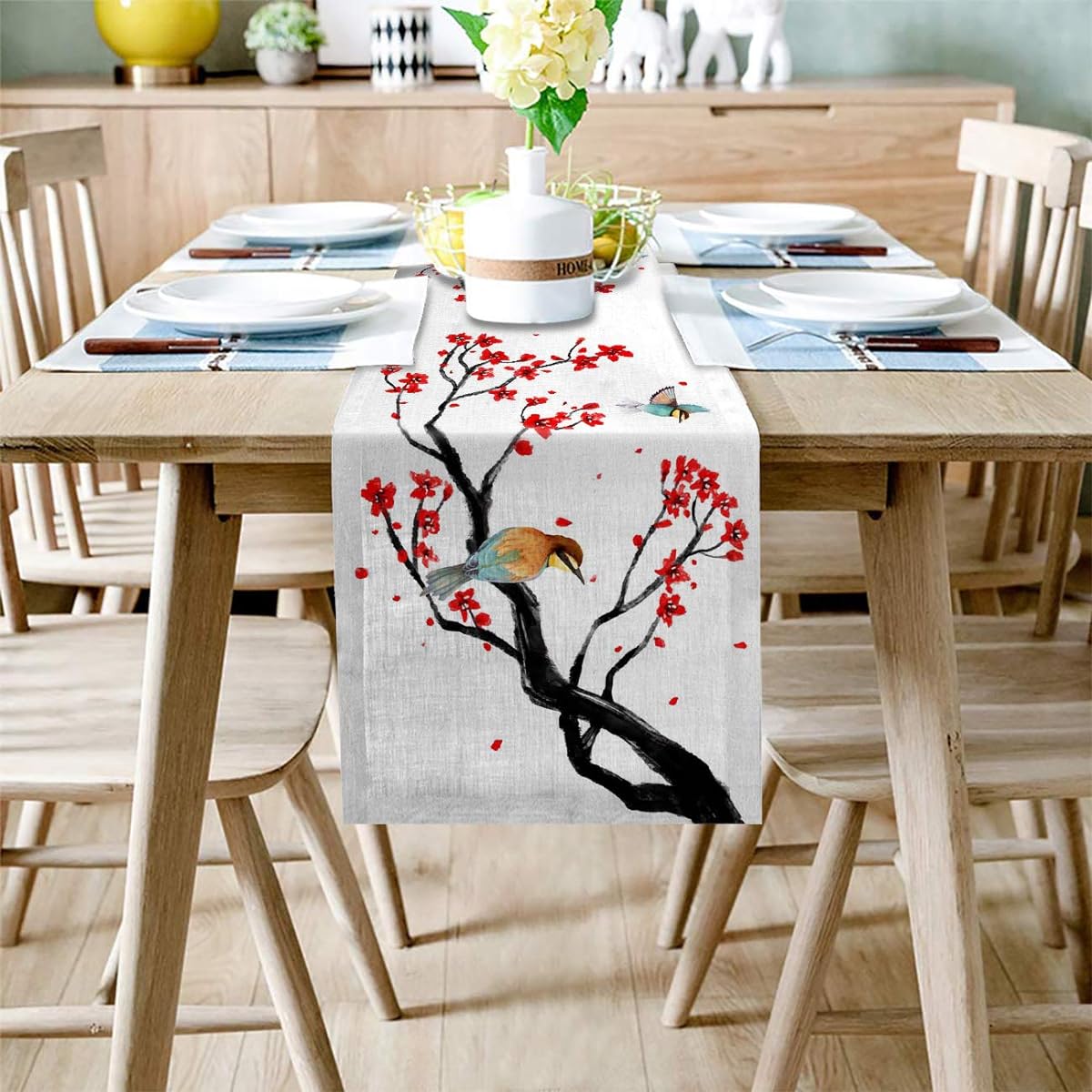 Linen Table Runner for Dining Table Bird Flower Chinese Style Spring Machine Washable Table Top Cover 13x48 Inch Home Kitchen Wedding Party Outdoor Decor