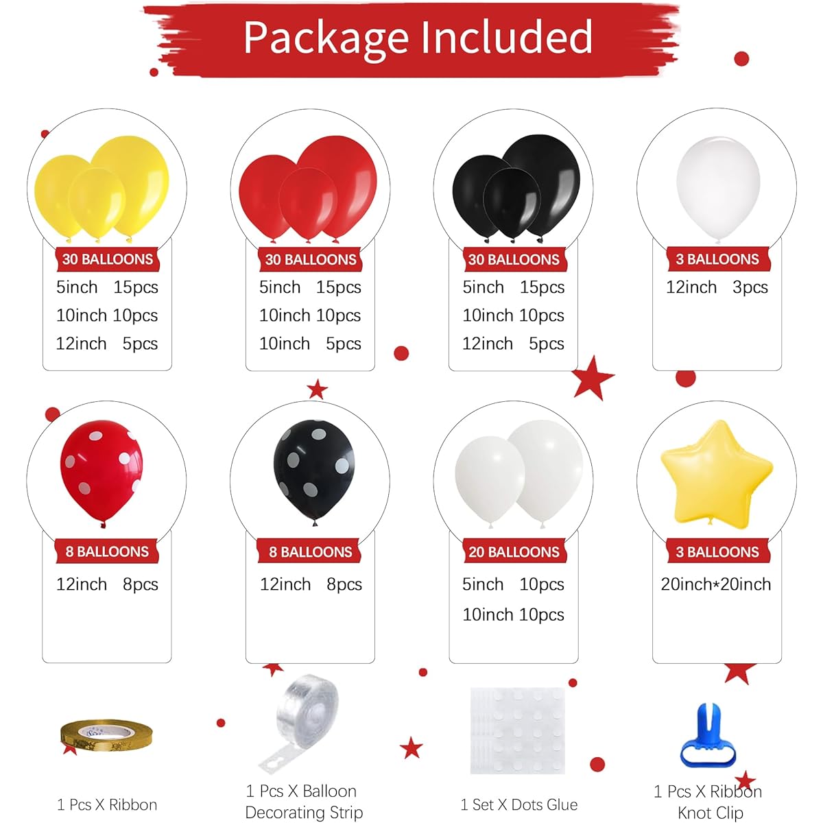 HYOWCHI Mickey Birthday Party Supplies - 132 Pieces Mickey Theme Mouse Birthday Baby Shower Party Balloon Garland Arch Kit Red Yellow Black White Latex Balloon Arch for Mickey Theme Party Decorations