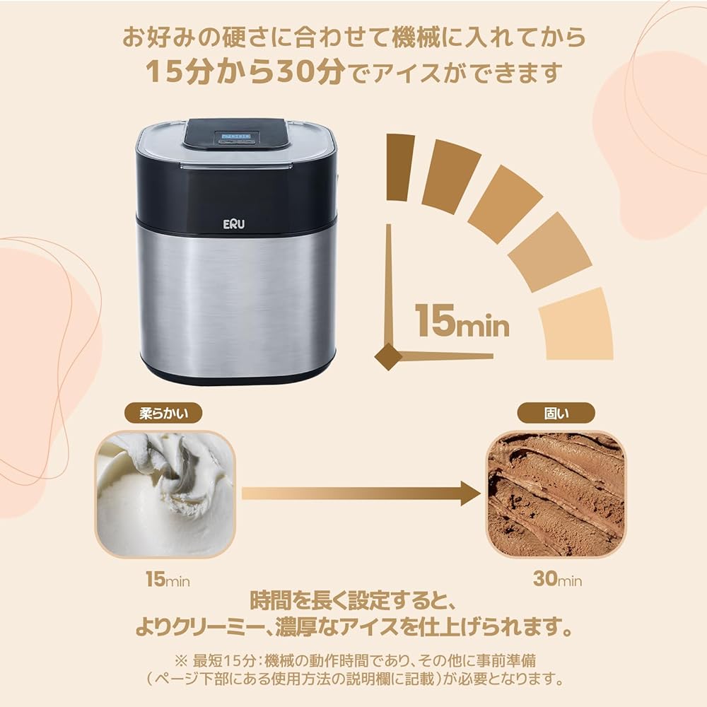 Homemade Ice Cream Maker for Commercial/Home Use, Minimum 15 Minutes ERU LeadSelect 1.5L Large Capacity Easy Disassembly and Cleaning Handmade Ice Sherbet Affogato Party